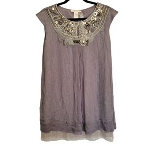 Gold‎ Hawk Beaded Embellished Lavendar Silk Layered Mini Dress XS
